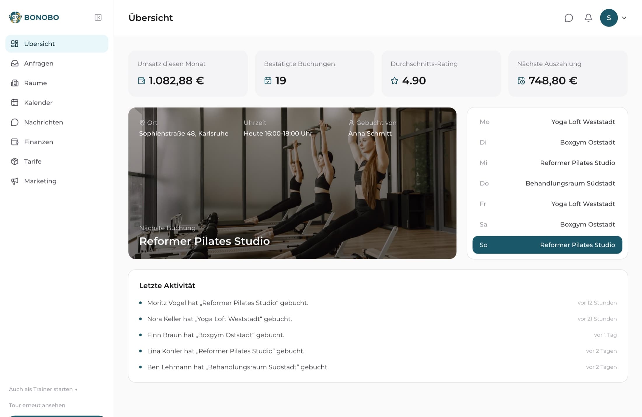 Bonobo-Dashboard für Studios mit Umsatz, bestätigten Buchungen, der nächsten Buchung, der Wochenbelegung und den letzten Buchungen