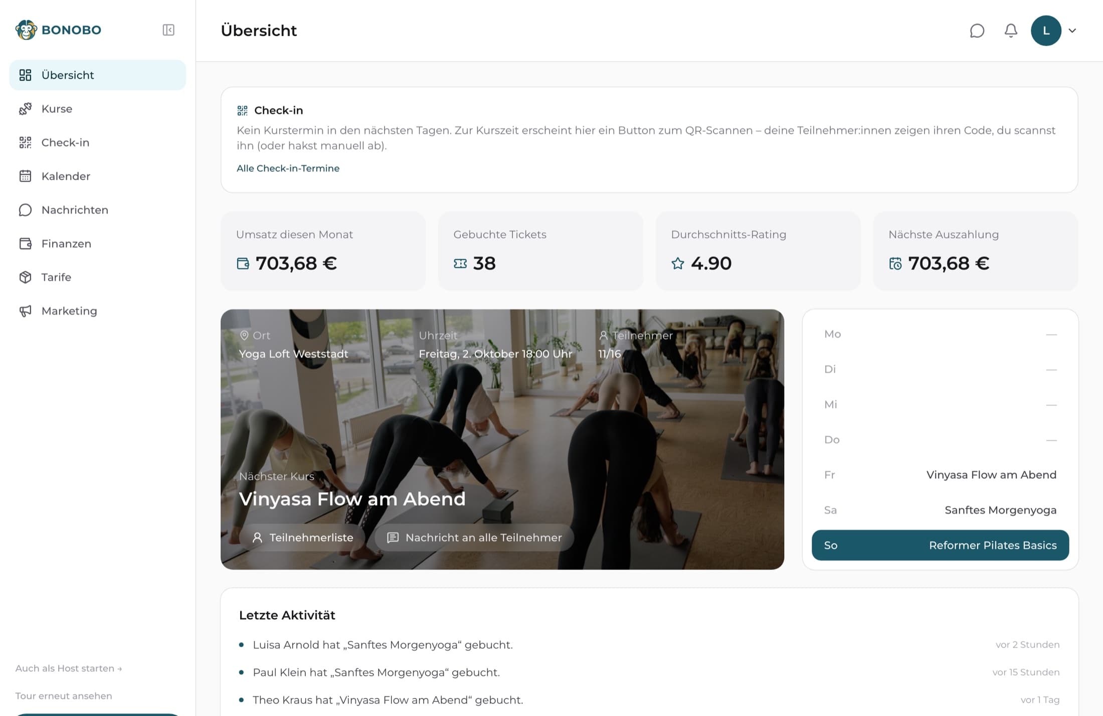Bonobo-Dashboard für Kursleiter:innen mit Umsatz, gebuchten Tickets, dem nächsten Kurs, der Wochenübersicht und den letzten Buchungen